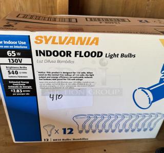 Sylvania Indoor Flood Light Bulbs, 65W, 130V, case of 12, 540 lumens. Box indicates energy cost and use specifications.