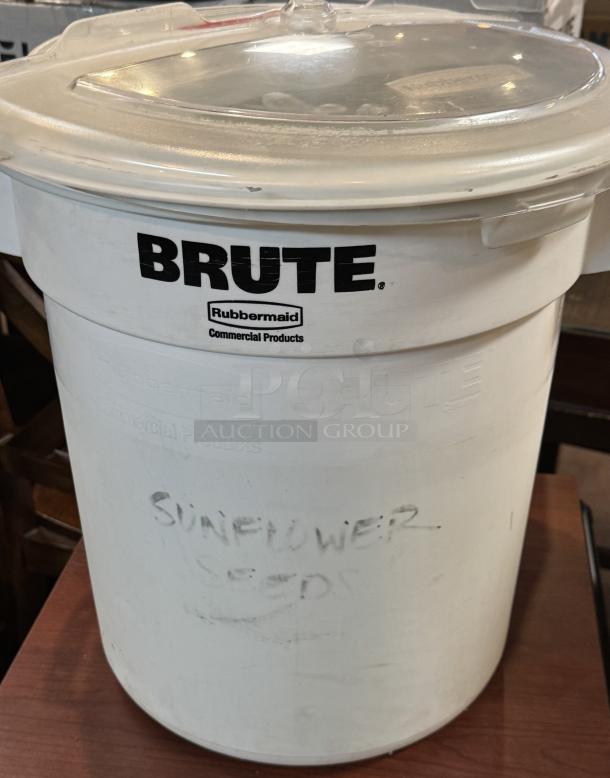 Rubbermaid Brute 10 Gal. storage container with sliding lid, white, marked for sunflower seeds. Good condition.