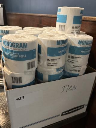 NEW Monogram Toilet Tissue Rolls, 37 count, standard white, 2-ply, 500 sheets each, in original packaging.
