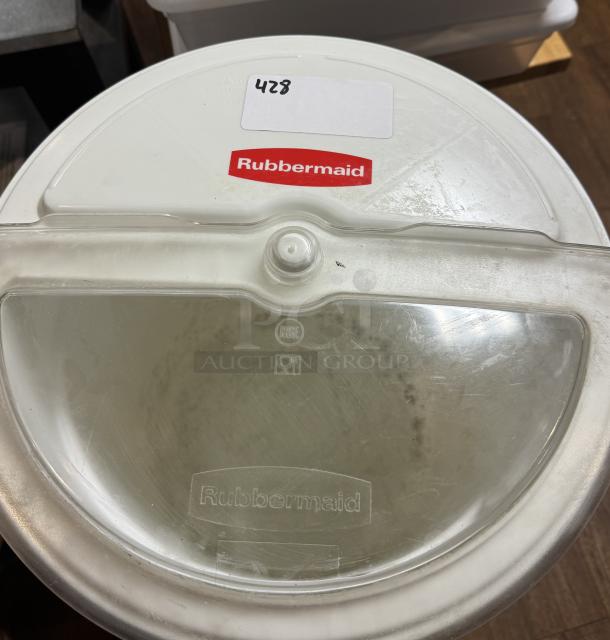 Rubbermaid Brute 10 Gal dry storage container with sliding lid, clear lid, visible Rubbermaid label, item tag 428.