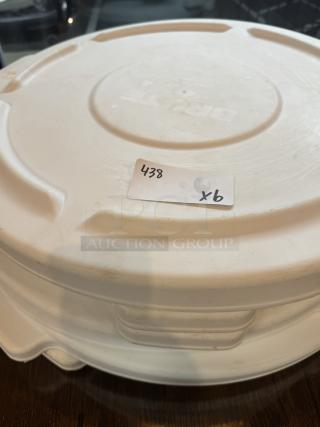 Rubbermaid 44 Gal. container lid, white, used condition, labeled "438 x6." Set of 6 lids for bidding.