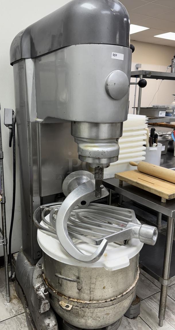 Hobart V-1401 commercial mixer with 140 qt. bowl, dollie, dough hook, and paddle attachments, tested, 3-phase, 220V.