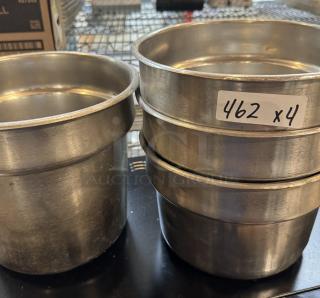 Assorted round insert pans, metal, various sizes, set of 4, used condition, marked "462 x4" on side.