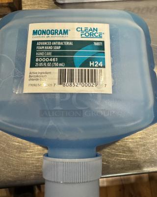 Monogram Clean Force foam hand soap container, 25 oz, new condition. Label shows "Advanced Antibacterial" and bar code.
