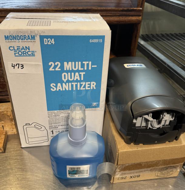 Monogram 22 Multi-Quat Sanitizer, blue foam hand soap, and new Ecolab dispenser. Sanitizer in original box.
