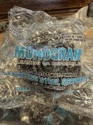 Monogram stainless steel scrubbers, medium duty, multi-purpose, 35g, 400 series, package showing labels and weight info.
