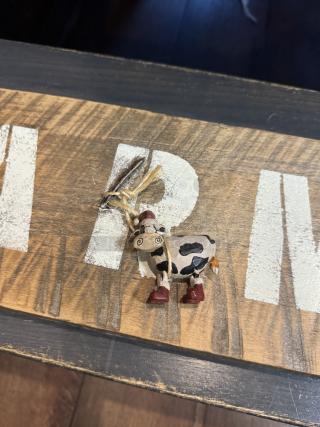 Farm Fresh Wooden Sign with rustic finish, featuring white painted lettering and a small decorative cow. In good condition.