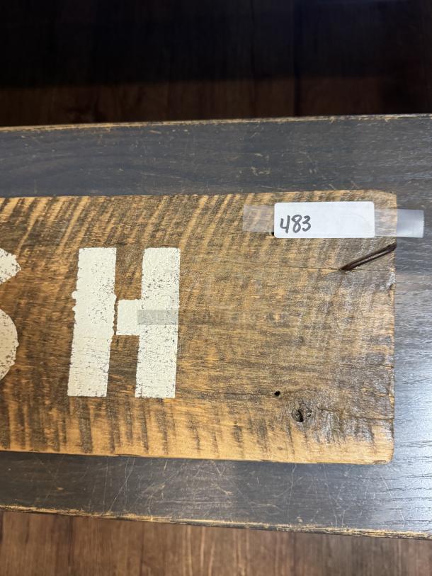 Farm Fresh wooden sign, rustic finish, partial text visible, minor wear. Marked "483" on label.