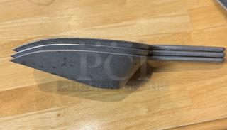 Set of three 16 oz metal scoops, stacked, showcasing sturdy design and light wear. Ideal for bulk goods handling.