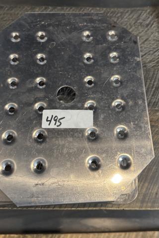 Cambro Pan Inserts (20CWD) with perforations, showing light wear. Includes five inserts. Tag labeled "495".