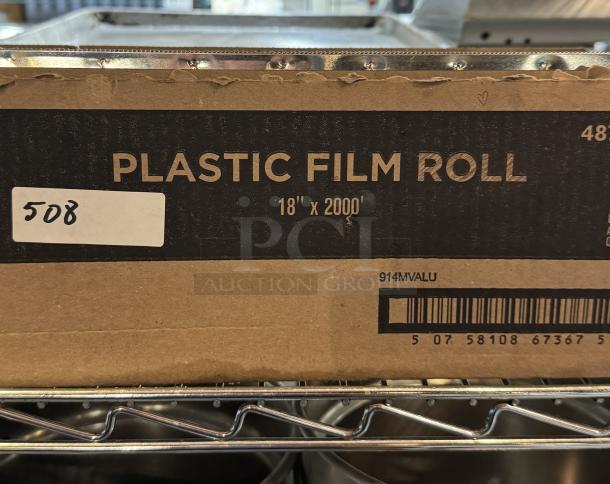 Plastic film roll, 18" x 2000', in cardboard box. Label shows barcode and model 914MVALU. Auction item number 508.