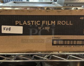 Plastic film roll, 18" x 2000', in cardboard box. Label shows barcode and model 914MVALU. Auction item number 508.