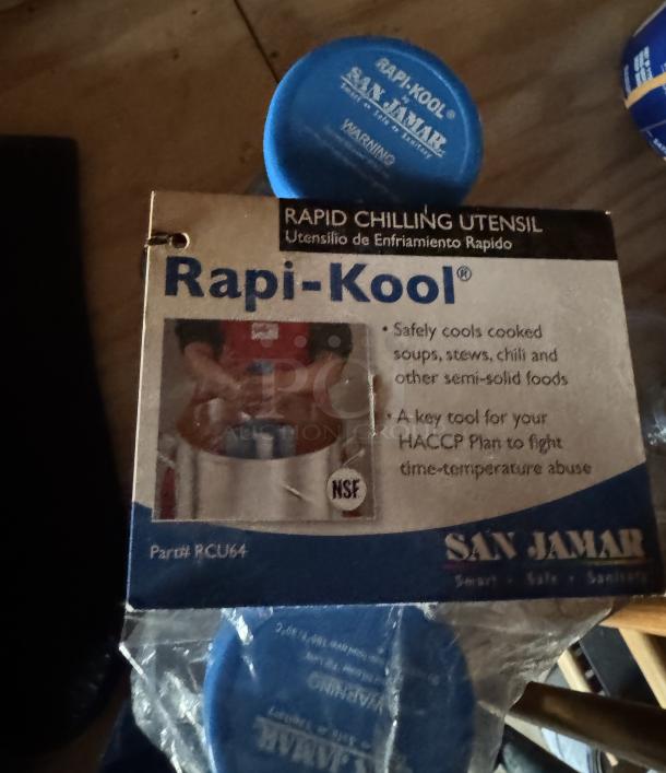 Rapi-Kool Rapid Chilling Utensil by San Jamar in packaging, for cooling soups and stews. Includes NSF certification marking.