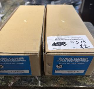 New in box Global Closer TC611-Al door closers, 2 units, labeled Series 600, auction information visible.