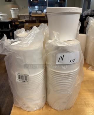 Disposable 64 oz soup cups with lids, set of 4. New, wrapped in plastic. Label reads "14 x4". Barcode visible.