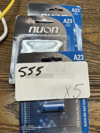 Nuon A23 alkaline batteries in original packaging, 5 packs available. Packaging shows model and brand details.