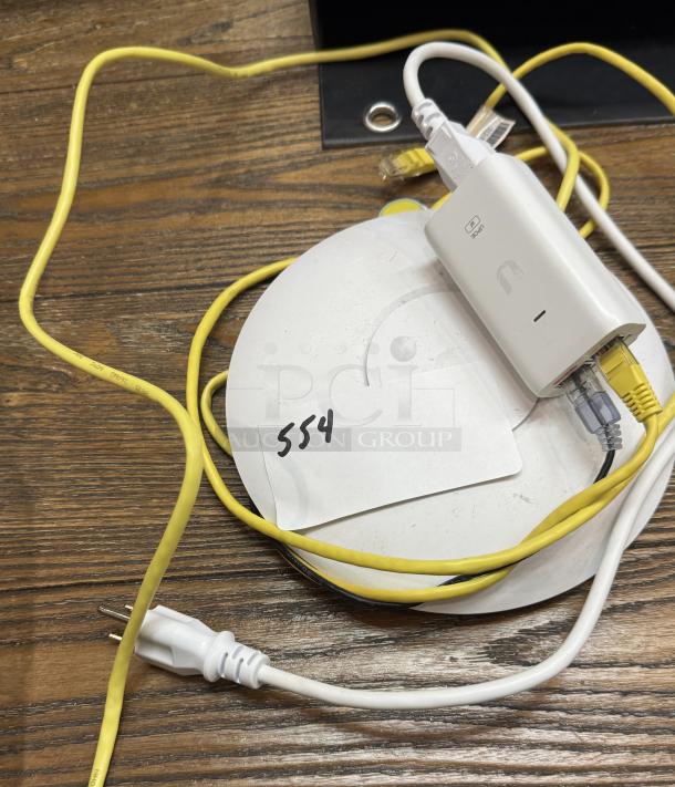 Upoe Power Cable with yellow ethernet cord, connected to a white adapter. Note with "554" visible. Good condition.
