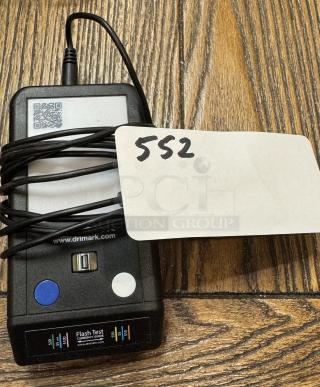 Flash Test Currency Guide device, tested and working, black with blue and white buttons, cable attached, www.drimark.com label.