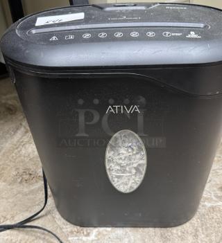Ativa 08CC03 paper shredder, black, visible shredded paper, minor wear, eight-sheet capacity label.