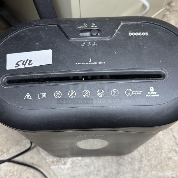 Ativa 08CC03 paper shredder, black, 8-sheet capacity. Top view showing control switches and operation symbols, marked "542."
