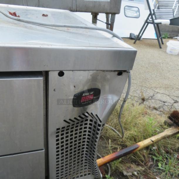 Turbo Air 4 Drawer Chef Base, Model TCBE-96SDR, 115 Volt, not cooling. Measures 96x2x25.5 inches. Stainless steel, exterior wear visible.