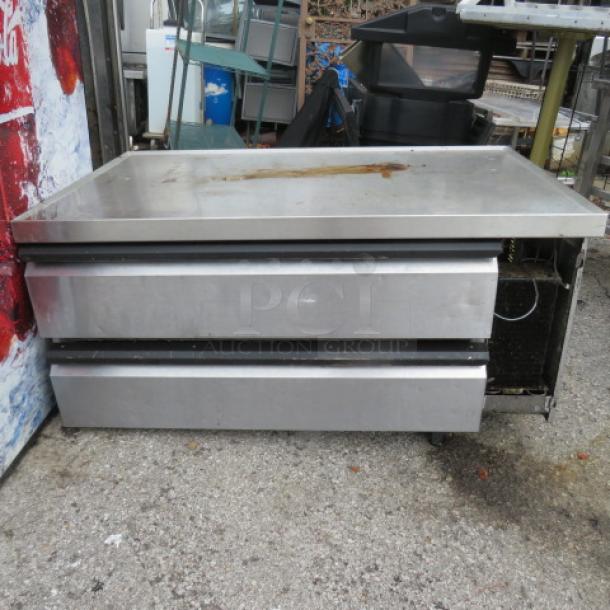 Silver King 2 Drawer Chef Base, Model SKRCB50H, on casters. Missing side panel, measures 50"x31"x26". 115 Volt, not cooling.