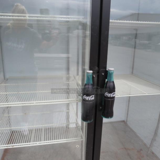 Beverage Air MT49 double glass door display cooler, 5 racks, 115V, 51.5x32x78.5 inches, not cooling, used condition.