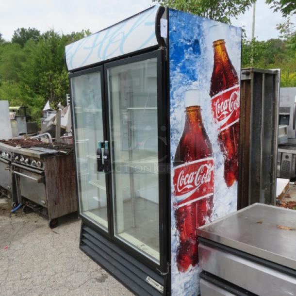 Beverage Air Double Glass Door Display Cooler, Model MT49, 5 racks, 115V, 51.5x32x78.5, non-working cold, colorful Coca-Cola branding.