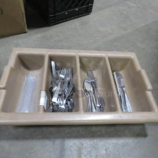 Brown flatware holder with compartments containing assorted flatware; includes forks, spoons, and knives. Used condition.