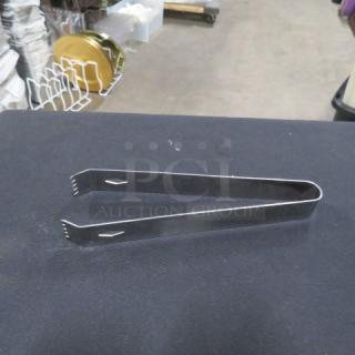 One lot of 10 stainless steel 6.5-inch tongs, shiny finish, serrated tips, excellent condition, suitable for kitchen use.