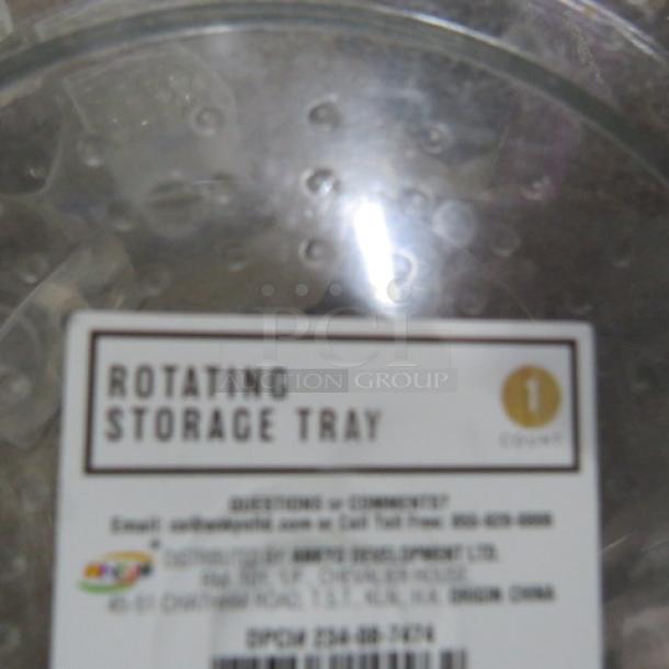 New poly rotating storage tray with clear design. Label indicates one count, UPC 234-08-7948. Ideal for organizing.