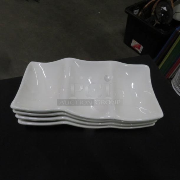 White ceramic serving platter with three sections, 10x5.5 inches, stack of four. Slightly wavy edges, in excellent condition.