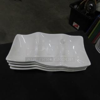 White ceramic serving platter with three sections, 10x5.5 inches, stack of four. Slightly wavy edges, in excellent condition.