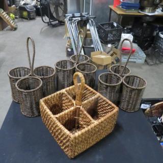 Assorted rattan flatware holders, set of eight. Includes cylindrical and compartment styles, in good condition.