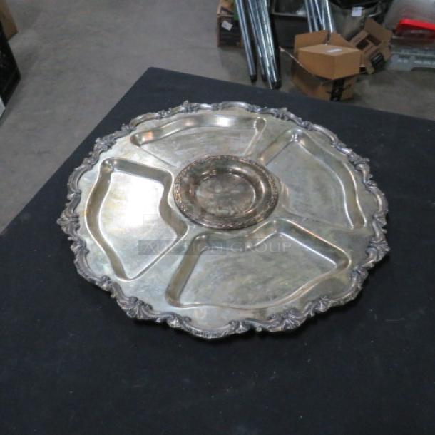 17-inch round silver plate serving dish with ornate edging and five divided sections, vintage condition.