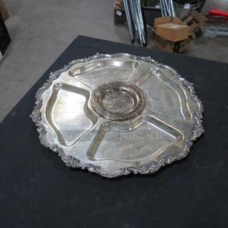17-inch round silver plate serving dish with ornate edging and five divided sections, vintage condition.