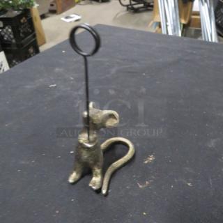Set of 12 mouse-shaped place card holders, bronze finish, wire clip for cards, whimsical design, new condition.
