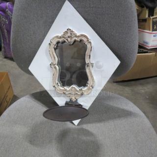 Ornate wooden wall mount mirror candle holder with vintage design, silver frame, and single candle plate. Good condition.