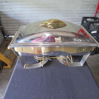 Vollrath Panacea stainless steel chafer, 9 qt, model 48322, with 24 kt gold accents. New condition, full-size with elegant finish.