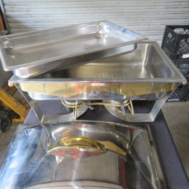 Vollrath Panacea stainless steel chafer, 9 qt, model 48322, with 24 kt gold accents, new condition, includes cover and insert.