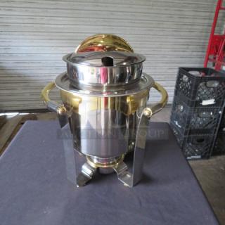 NEW Vollrath 4.3 qt stainless steel soup marmite with 24Kt gold accents, model 48326, excellent condition.