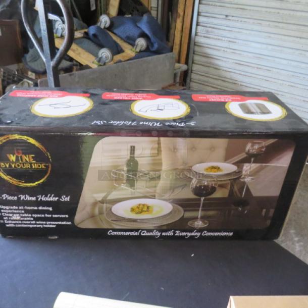 New 3 Piece Wine Holder Set, Wine By Your Side, Model #20014. Box features product image and highlights commercial quality.
