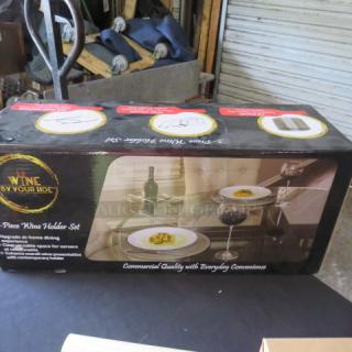 New 3 Piece Wine Holder Set, Wine By Your Side, Model #20014. Box features product image and highlights commercial quality.
