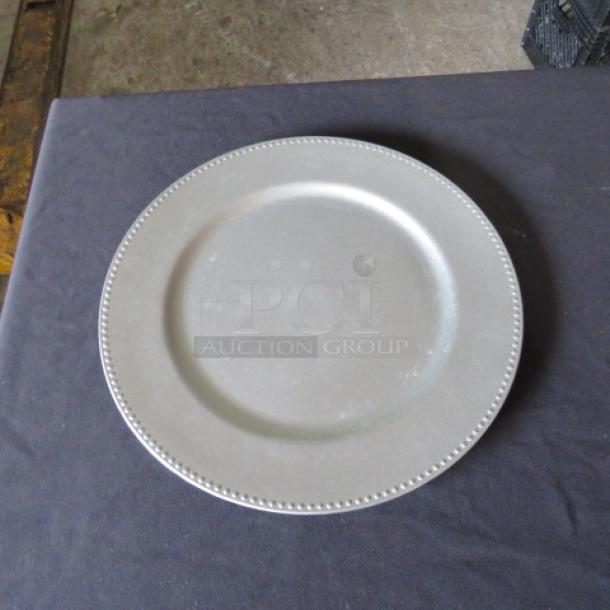 New 13-inch round silver charger plate with beaded rim, excellent condition, model 10XBID.