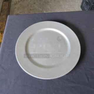 New 13-inch round silver charger plate with beaded rim, excellent condition, model 10XBID.