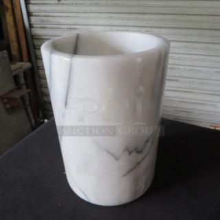Heavy 5x7 marble wine holder with gray veining, cylindrical shape. Excellent condition, sturdy for wine chilling.