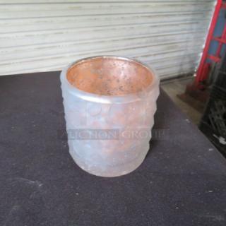 Frosted glass 3x3 tabletop candle holder with textured design, shown in good condition. Part of a lot of 20.