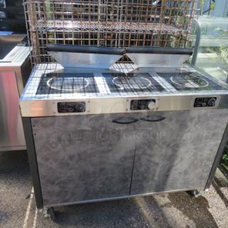 Spring One Spring Mobile Induction Range, Model ICS348-26, with 3 burners, 2 doors, filters, and casters. Size: 48x24x44.