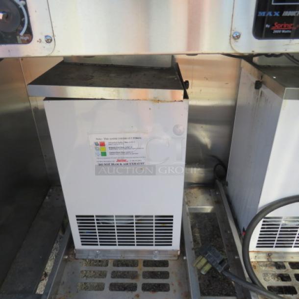 One Spring Mobile Induction Range, Model ICS348-26, with 2 doors, 3 burners, 2 induction air filter systems, on casters.