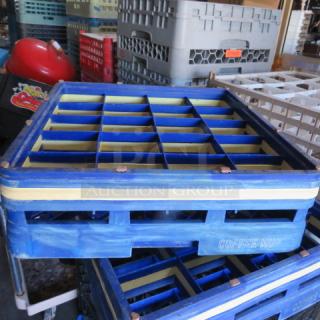 Blue and yellow 20-hole dishwasher rack, ideal for item# 269-273 rocks glasses. Visible "COFFEE MUR" marking.